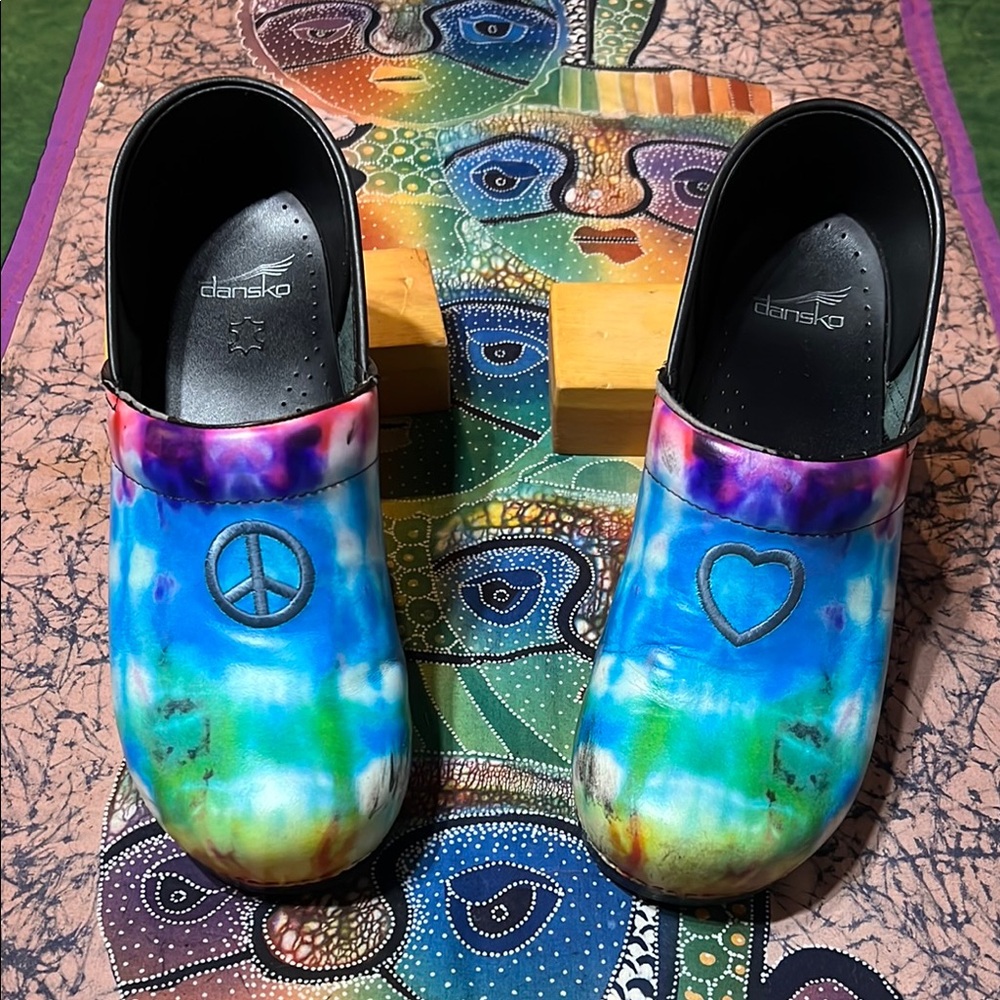 Dansko Multicolor Tie-Dye Clogs, Peace & Love.